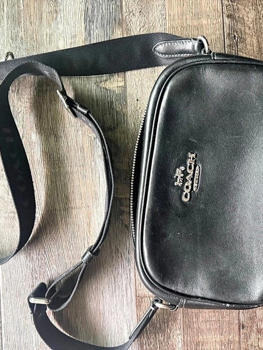 Coach Camera Bag in Black Leather with logo strap